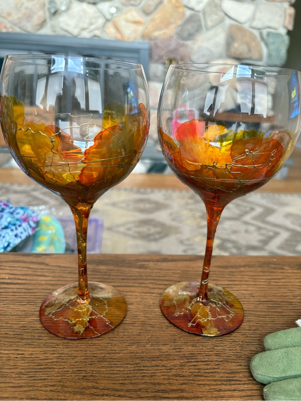 Hand-Painted Amber Autumn Wine Glasses Gold Drizzle- Set of 2